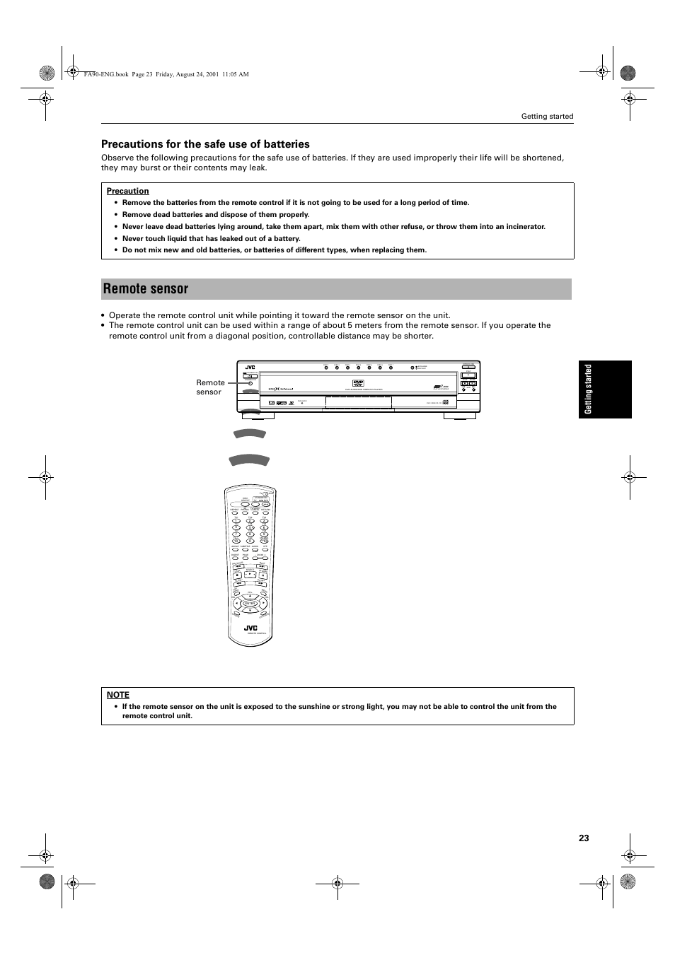 Remote sensor, Precautions for the safe use of batteries, Ge ttin g s ta rte d | Getting started, English, 1*errn 3djh  )ulgd\ $xjxvw    $0 | JVC XV-FA92SL User Manual | Page 25 / 74