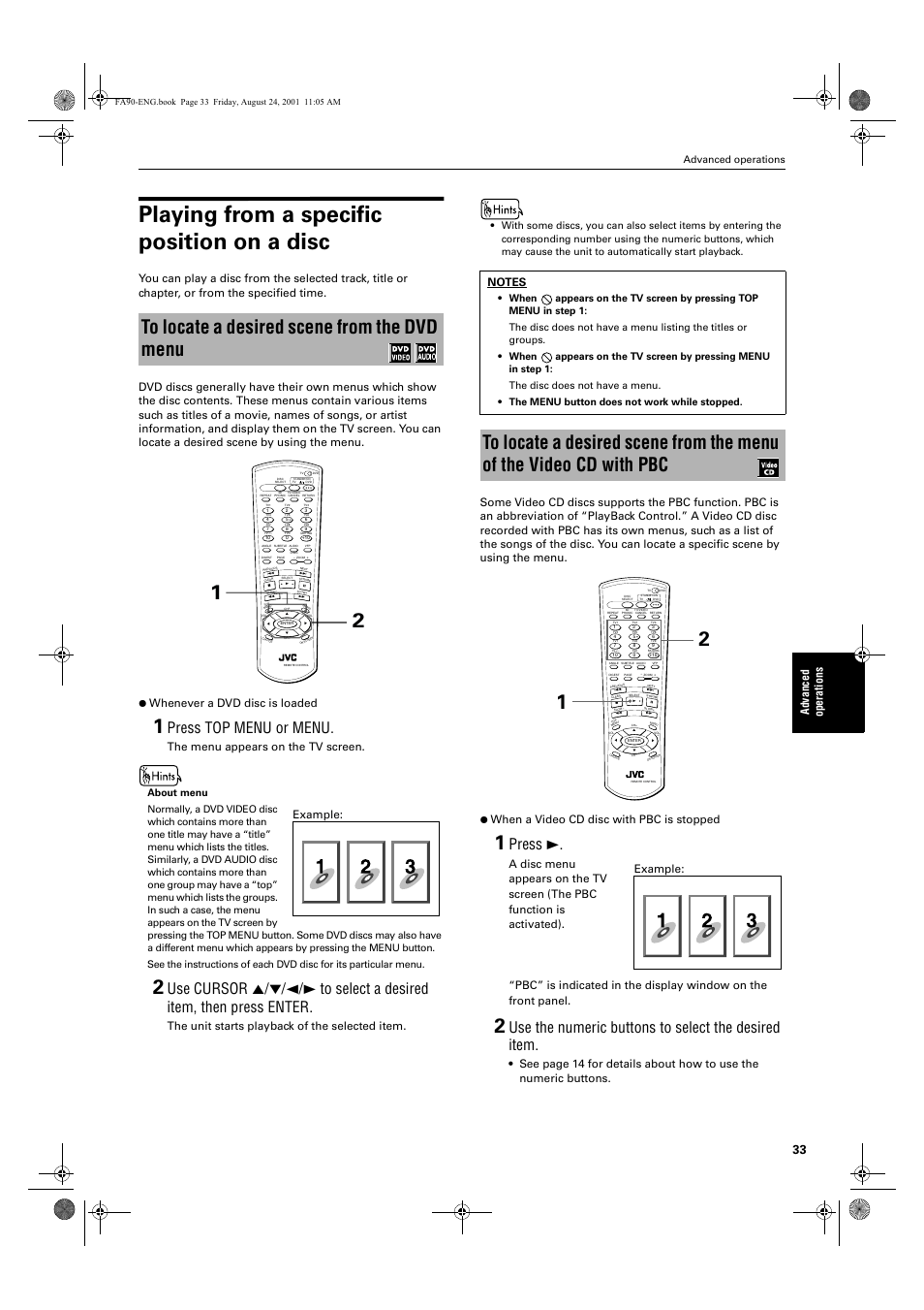 Playing from a specific position on a disc, Press top menu or menu, Press 3 | Use the numeric buttons to select the desired item, Ad va nc e d op er a tio ns, The menu appears on the tv screen, The unit starts playback of the selected item, Example, Advanced operations, English | JVC XV-FA92SL User Manual | Page 35 / 74