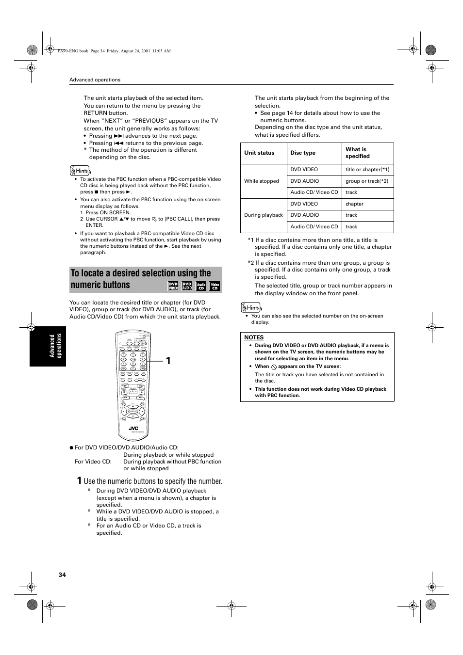 Use the numeric buttons to specify the number, Unit status disc type what is specified | JVC XV-FA92SL User Manual | Page 36 / 74