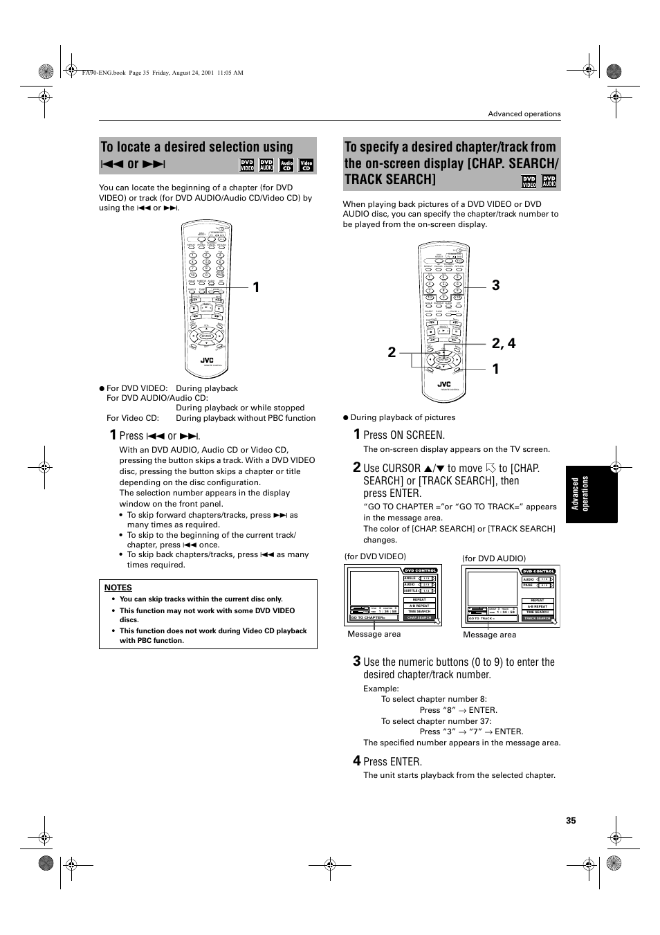 Press 4 or, Press on screen, Press enter | Ad va nc e d op er a tio ns, The on-screen display appears on the tv screen, The unit starts playback from the selected chapter, Message area (for dvd video), Message area (for dvd audio), Advanced operations, English | JVC XV-FA92SL User Manual | Page 37 / 74