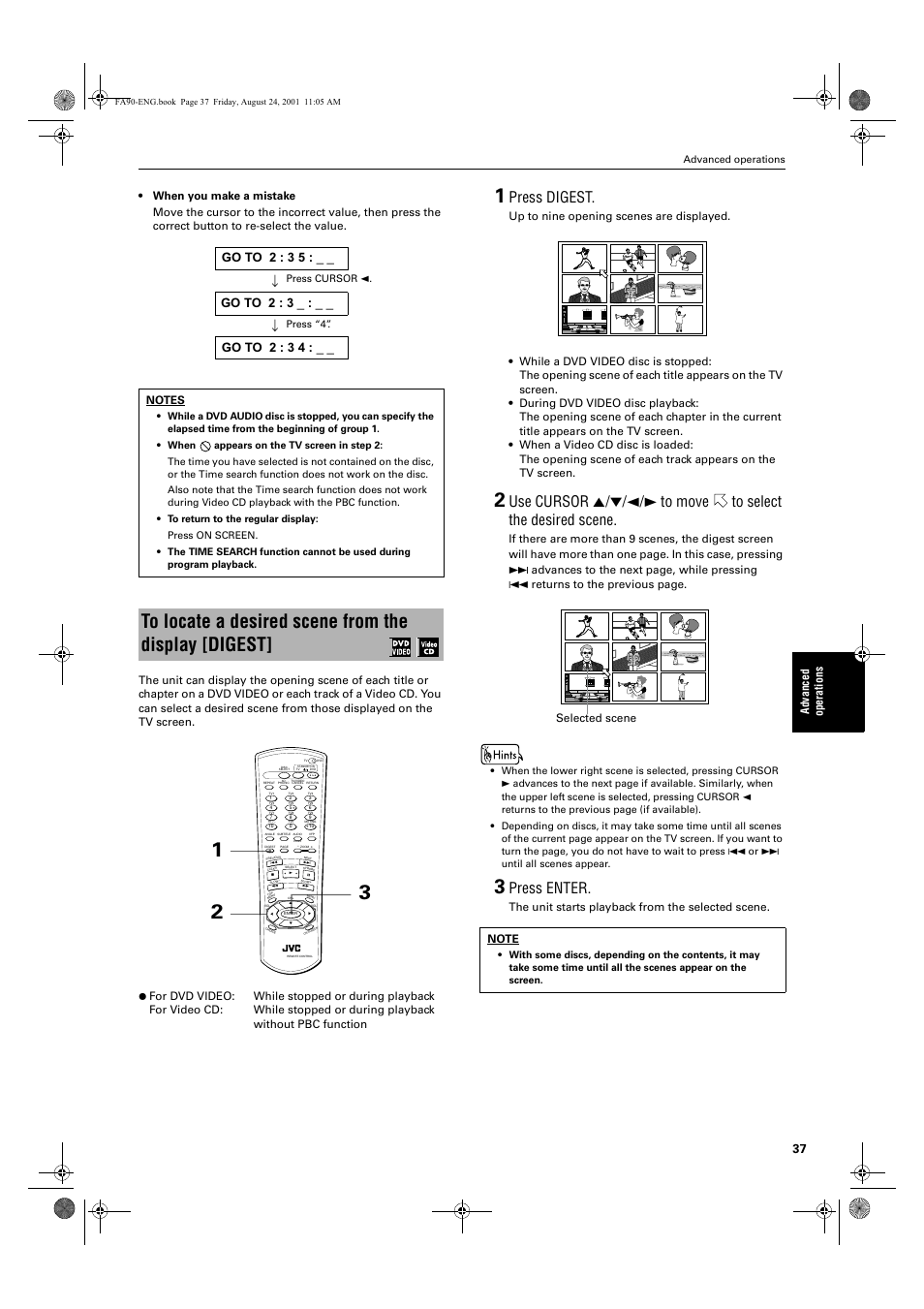 Press digest, Press enter, Ad va nc e d op er a tio ns | Selected scene | JVC XV-FA92SL User Manual | Page 39 / 74