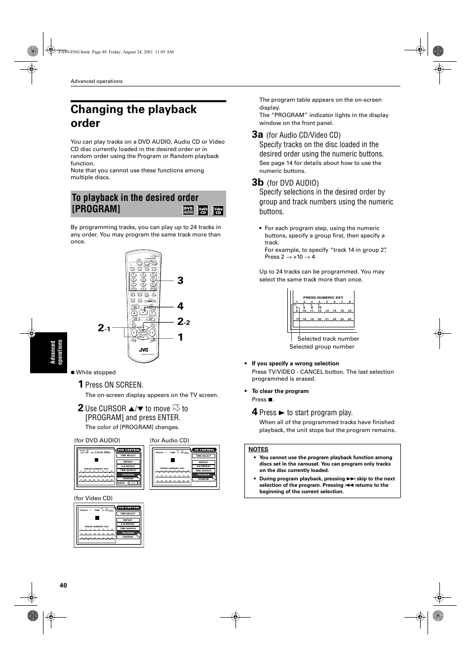 Changing the playback order, Press on screen, Press 3 to start program play | Ad va nc e d op er atio n s, The on-screen display appears on the tv screen, For audio cd), For video cd), Selected track number selected group number, Advanced operations, 1*errn 3djh )ulgd\ $xjxvw $0 | JVC XV-FA92SL User Manual | Page 42 / 74