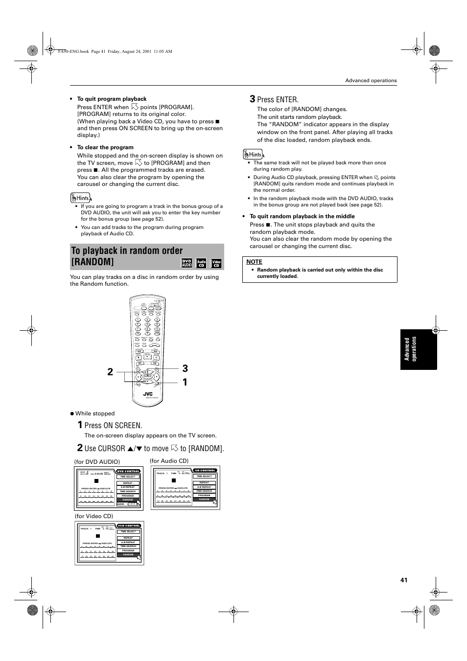 Press on screen, Use cursor 5/∞ to move to [random, Press enter | Ad va nc e d op er a tio ns, The on-screen display appears on the tv screen, For video cd), For audio cd), For dvd audio), Advanced operations, English | JVC XV-FA92SL User Manual | Page 43 / 74