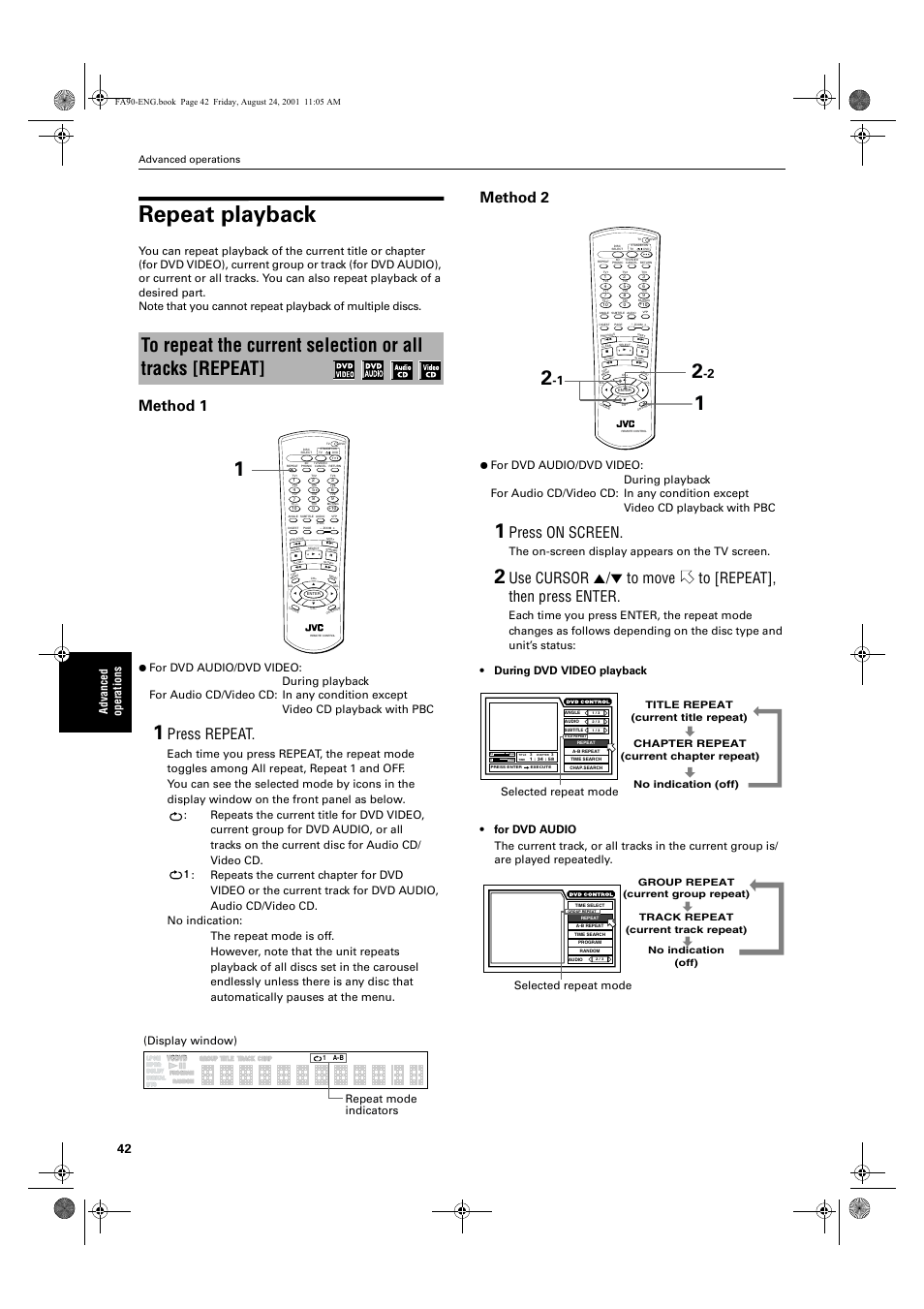 Repeat playback, Method 1, Press repeat | Method 2, Press on screen, Ad va nc e d op er atio n s, The on-screen display appears on the tv screen, Repeat mode indicators (display window), Selected repeat mode, Advanced operations | JVC XV-FA92SL User Manual | Page 44 / 74