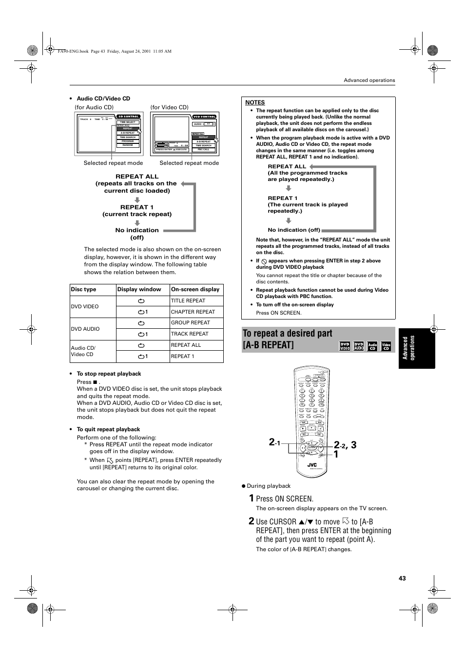 Press on screen, Ad va nc e d op er a tio ns, The on-screen display appears on the tv screen | The color of, A-b repeat, For video cd) selected repeat mode | JVC XV-FA92SL User Manual | Page 45 / 74