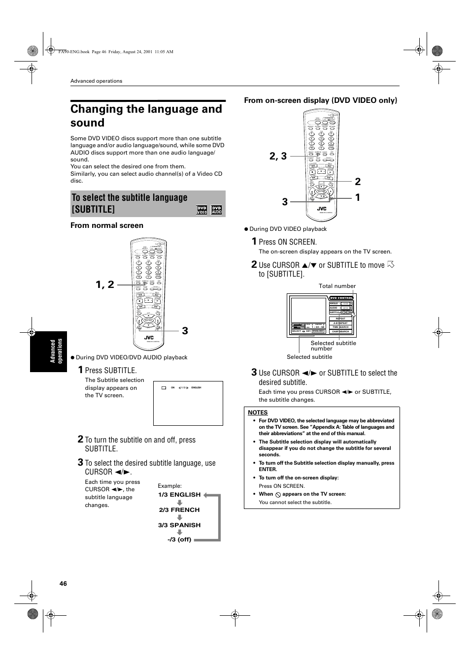 Changing the language and sound, Press subtitle, Press on screen | Use cursor 5/∞ or subtitle to move to [subtitle, Ad va nc e d op er atio n s, During dvd video/dvd audio playback, During dvd video playback, The on-screen display appears on the tv screen, Advanced operations | JVC XV-FA92SL User Manual | Page 48 / 74