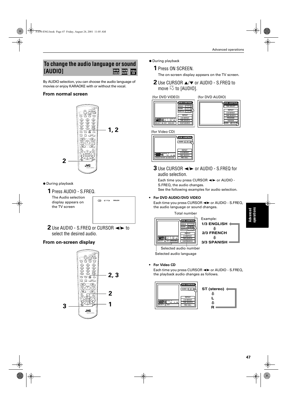 Press audio - s.freq, Press on screen, Use cursor 5/∞ or audio - s.freq to move to [audio | Ad va nc e d op er a tio ns, During playback, The on-screen display appears on the tv screen, For dvd audio), For video cd), Advanced operations, English | JVC XV-FA92SL User Manual | Page 49 / 74