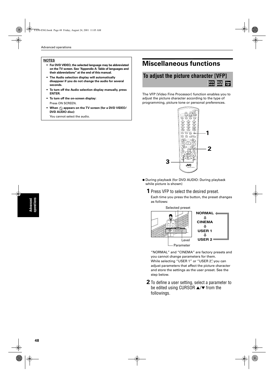 Miscellaneous functions, Press vfp to select the desired preset, Ad va nc e d op er atio n s | Advanced operations | JVC XV-FA92SL User Manual | Page 50 / 74