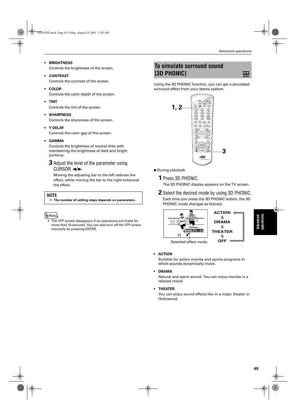 Adjust the level of the parameter using cursor 2/3, Press 3d phonic, Select the desired mode by using 3d phonic | Ad va nc e d op er a tio ns, The 3d phonic display appears on the tv screen, Selected effect mode action drama theater off | JVC XV-FA92SL User Manual | Page 51 / 74