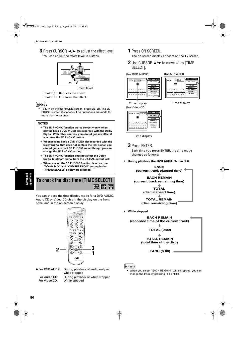 Press cursor 2/3 to adjust the effect level, Press on screen, Use cursor 5/∞ to move to [time select | Press enter, Ad va nc e d op er atio n s, The on-screen display appears on the tv screen, Effect level, Time display (for dvd audio), For video cd) time display, Advanced operations | JVC XV-FA92SL User Manual | Page 52 / 74
