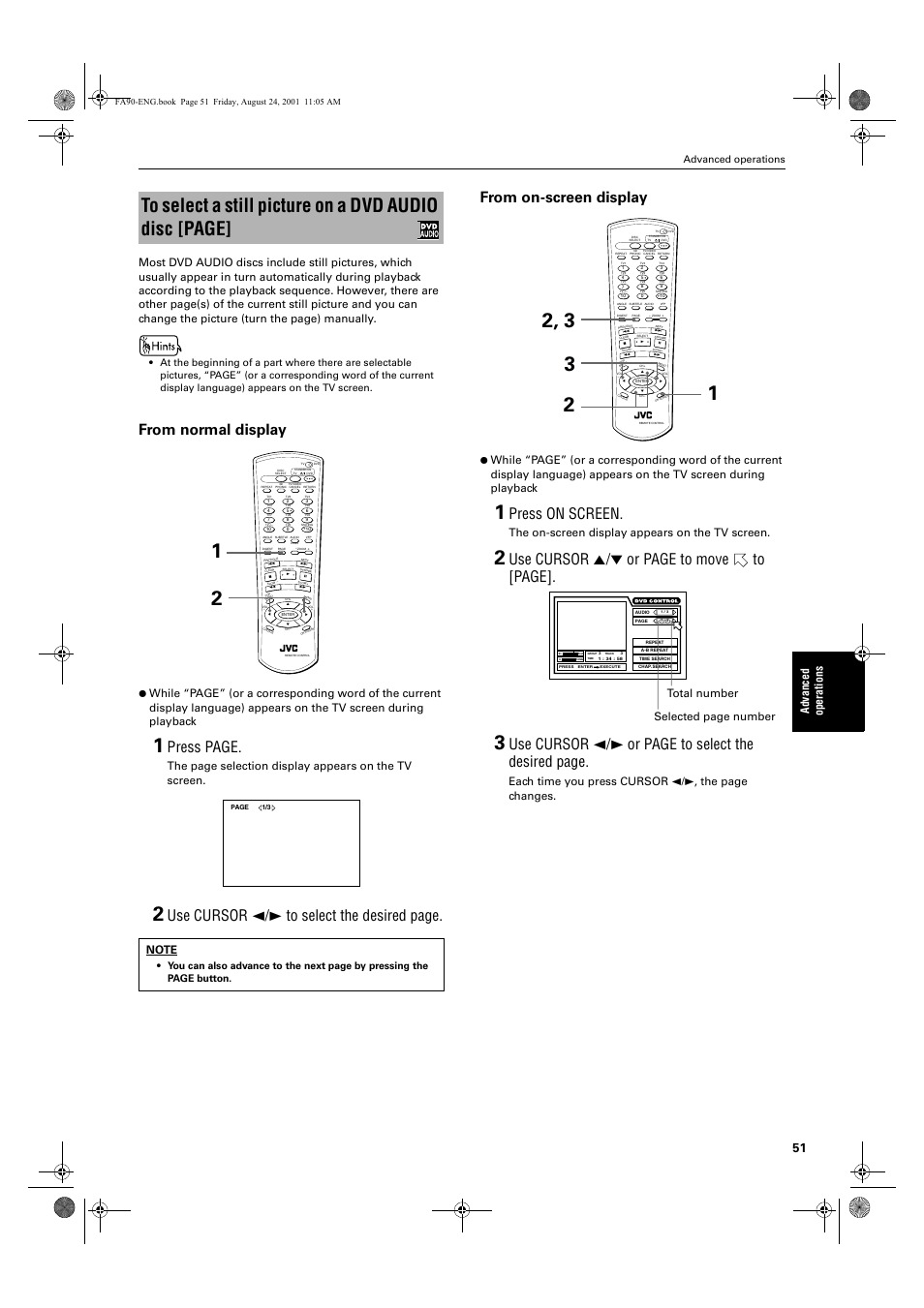 Press page, Press on screen, Use cursor 5/∞ or page to move to [page | Use cursor 2/3 or page to select the desired page, Ad va nc e d op er a tio ns, The on-screen display appears on the tv screen, Each time you press cursor 2/3, the page changes, Total number selected page number, Advanced operations, English | JVC XV-FA92SL User Manual | Page 53 / 74