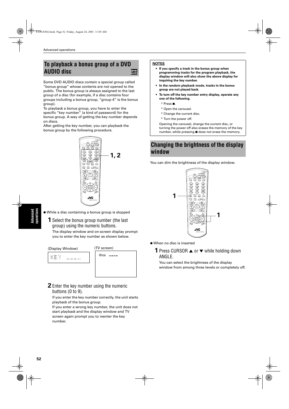 Changing the brightness of the display window, Press cursor 5 or ∞ while holding down angle, Advanced operations | 1*errn 3djh  )ulgd\ $xjxvw    $0 | JVC XV-FA92SL User Manual | Page 54 / 74