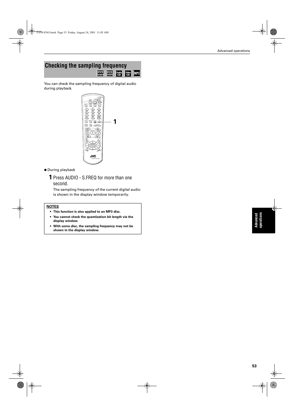 Checking the sampling frequency, Press audio - s.freq for more than one second, Ad va nc e d op er a tio ns | Advanced operations, English, 1*errn 3djh  )ulgd\ $xjxvw    $0 | JVC XV-FA92SL User Manual | Page 55 / 74