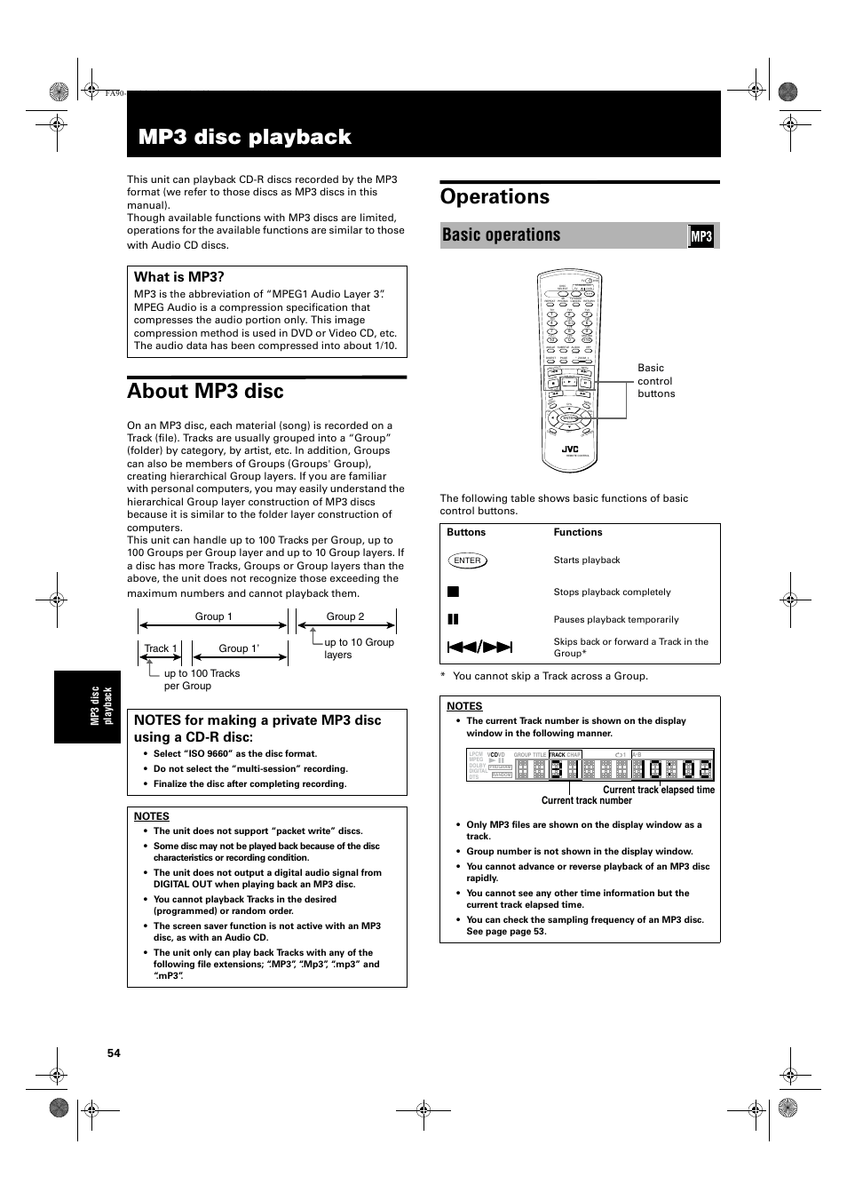 Mp3 disc playback, About mp3 disc, Operations | Basic operations, What is mp3, Mp 3 dis c pl ay bac k, Buttons functions, Basic control buttons, Current track elapsed time current track number | JVC XV-FA92SL User Manual | Page 56 / 74