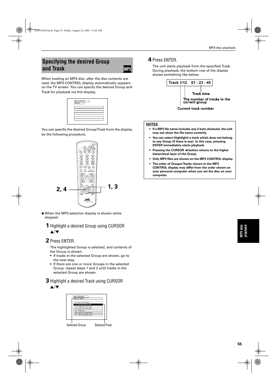 Specifying the desired group and track, Highlight a desired group using cursor 5, Press enter | Highlight a desired track using cursor 5, 7udfn, Mp 3 dis c pl ay bac k, Track time, Mp3 disc playback | JVC XV-FA92SL User Manual | Page 57 / 74