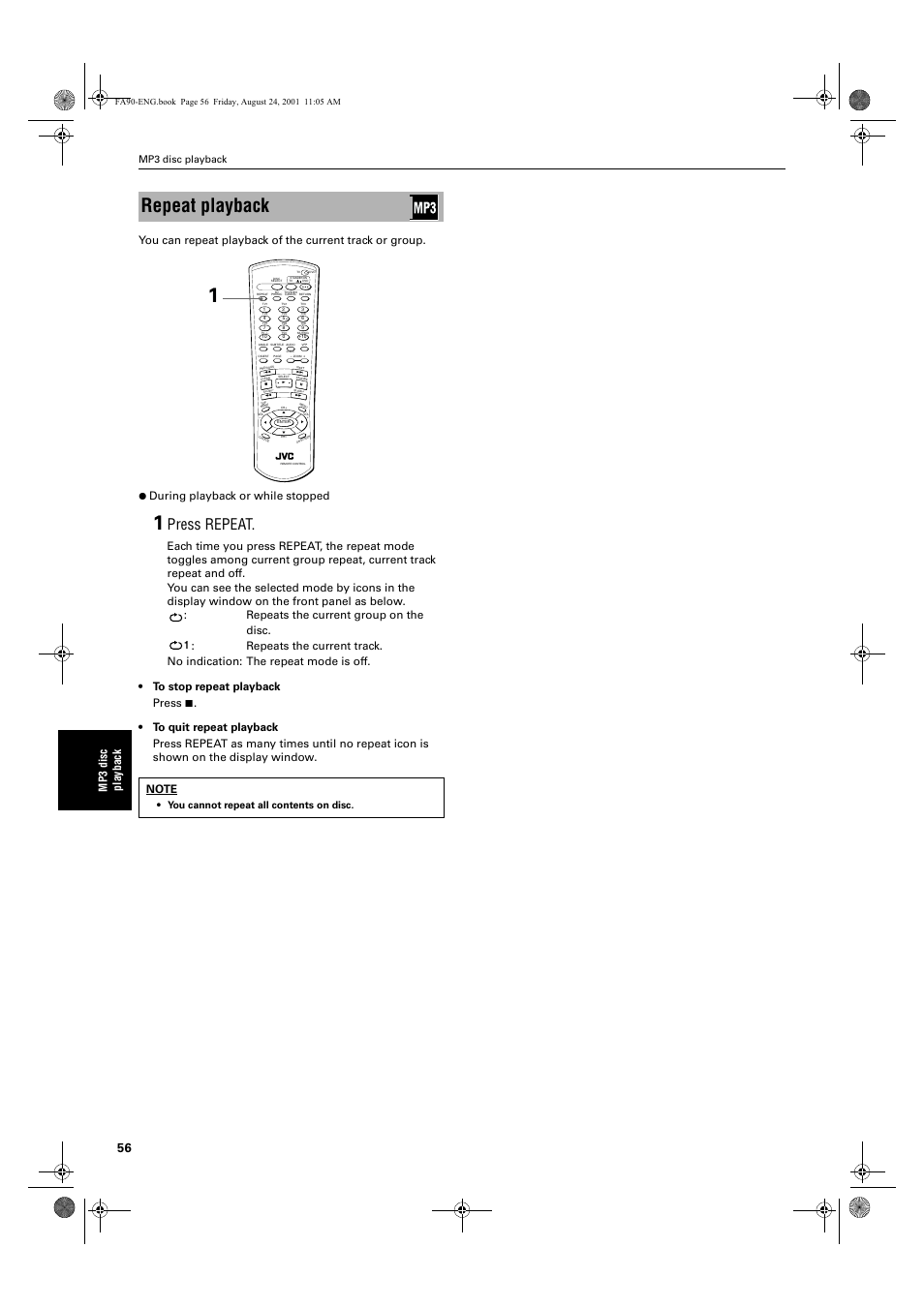 Repeat playback, Press repeat, Mp3 disc playback | You cannot repeat all contents on disc, 1*errn 3djh  )ulgd\ $xjxvw    $0 | JVC XV-FA92SL User Manual | Page 58 / 74