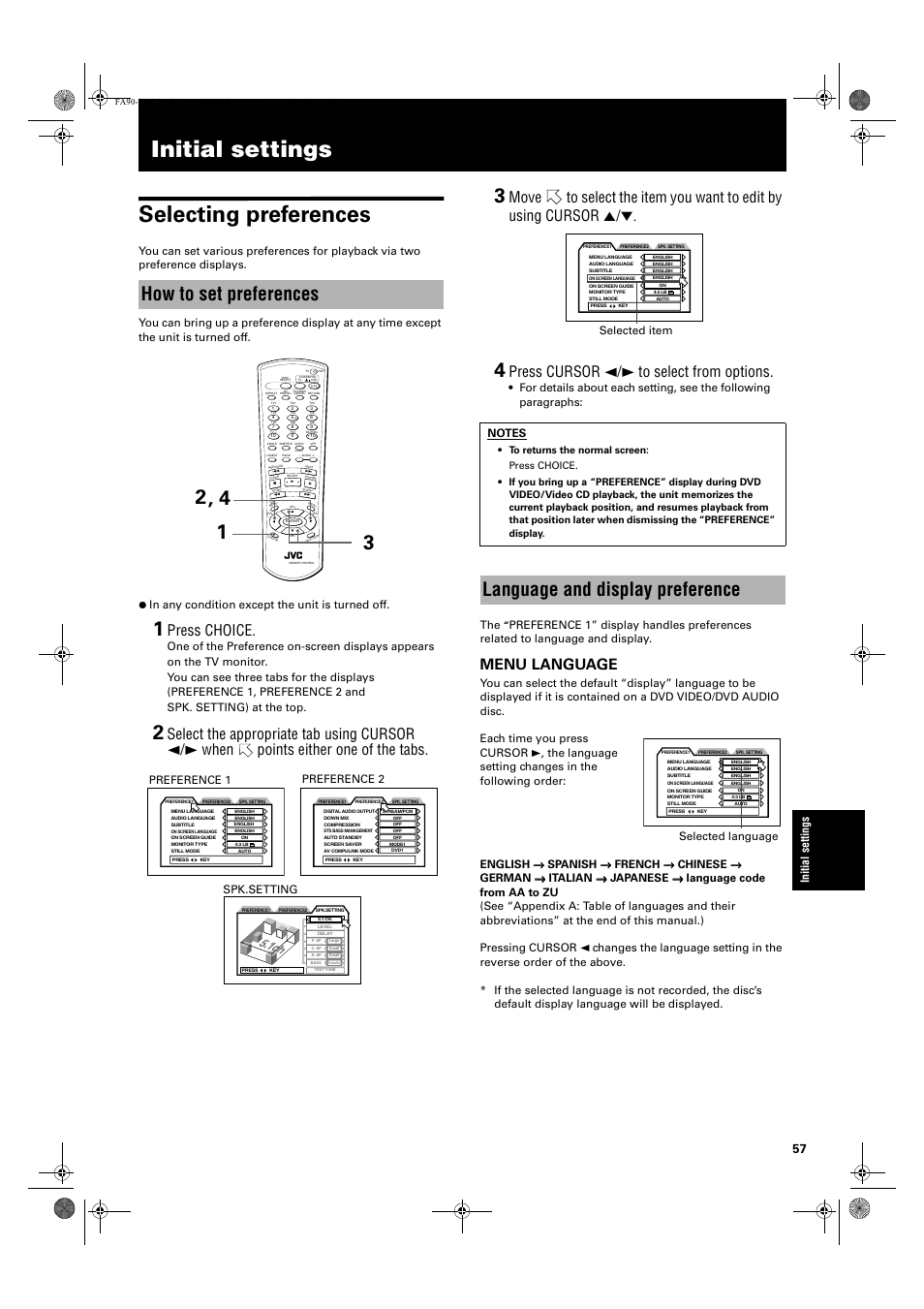 Initial settings, Initial settings selecting preferences, How to set preferences | Language and display preference, Press choice, Press cursor 2/3 to select from options, Menu language, Preference 2, Preference 1, Selected item | JVC XV-FA92SL User Manual | Page 59 / 74