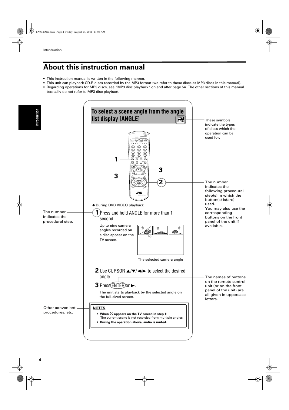 About this instruction manual, Press and hold angle for more than 1 second, Use cursor 5/∞/2/3 to select the desired angle | Press enter or 3, During dvd video playback, Introduction | JVC XV-FA92SL User Manual | Page 6 / 74