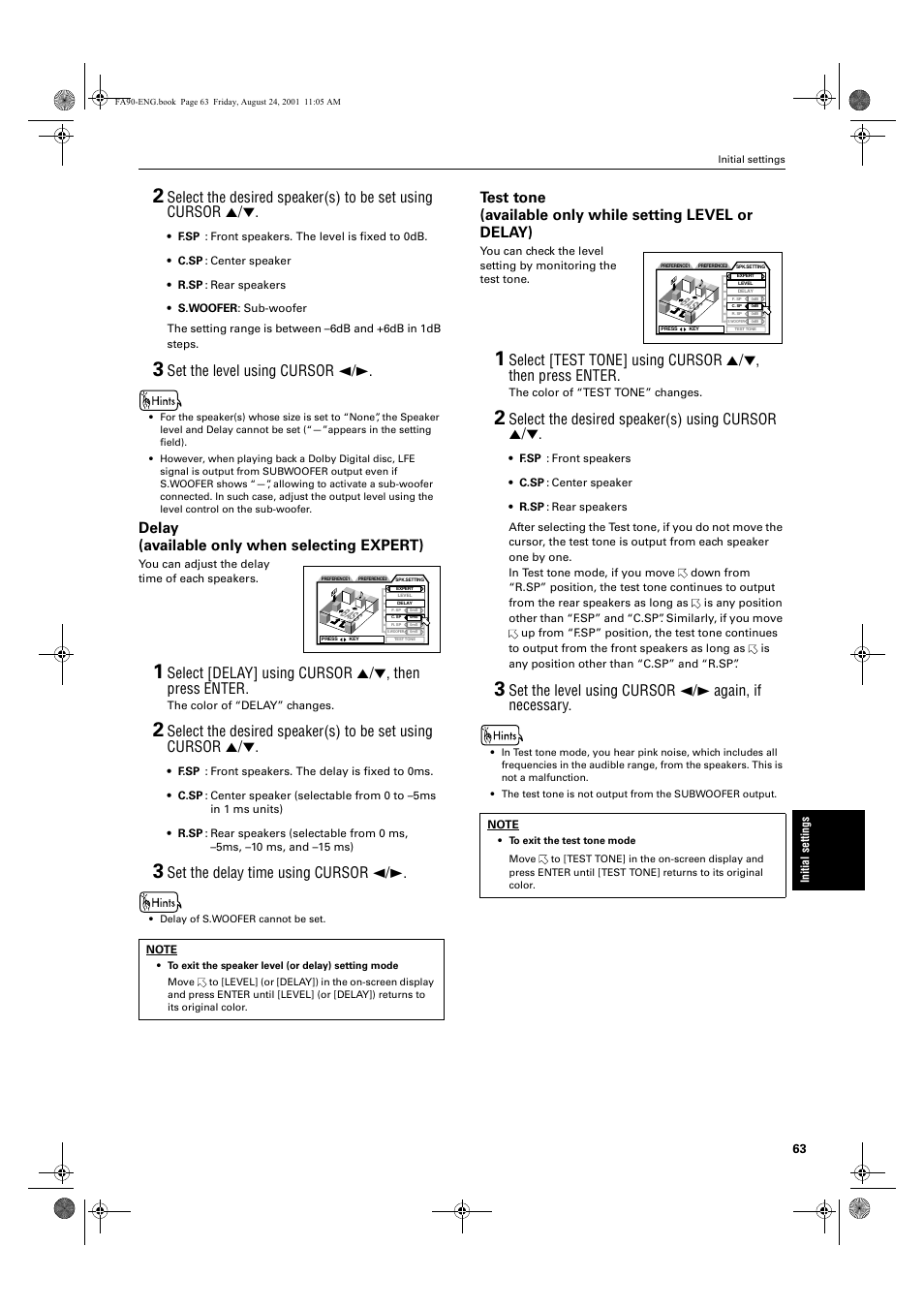 Set the level using cursor 2/3, Delay (available only when selecting expert), Select [delay] using cursor 5/∞, then press enter | Set the delay time using cursor 2/3, Select the desired speaker(s) using cursor 5, Set the level using cursor 2/3 again, if necessary, Bass | JVC XV-FA92SL User Manual | Page 65 / 74