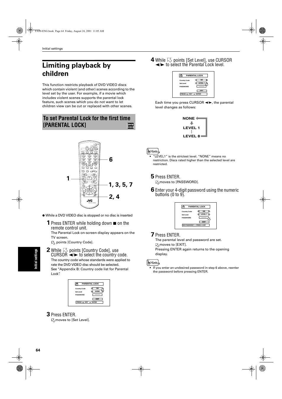 Limiting playback by children, Press enter, Init ial s e tti ng s | Moves to [set level, Moves to [password, None level 1 level 8 | JVC XV-FA92SL User Manual | Page 66 / 74