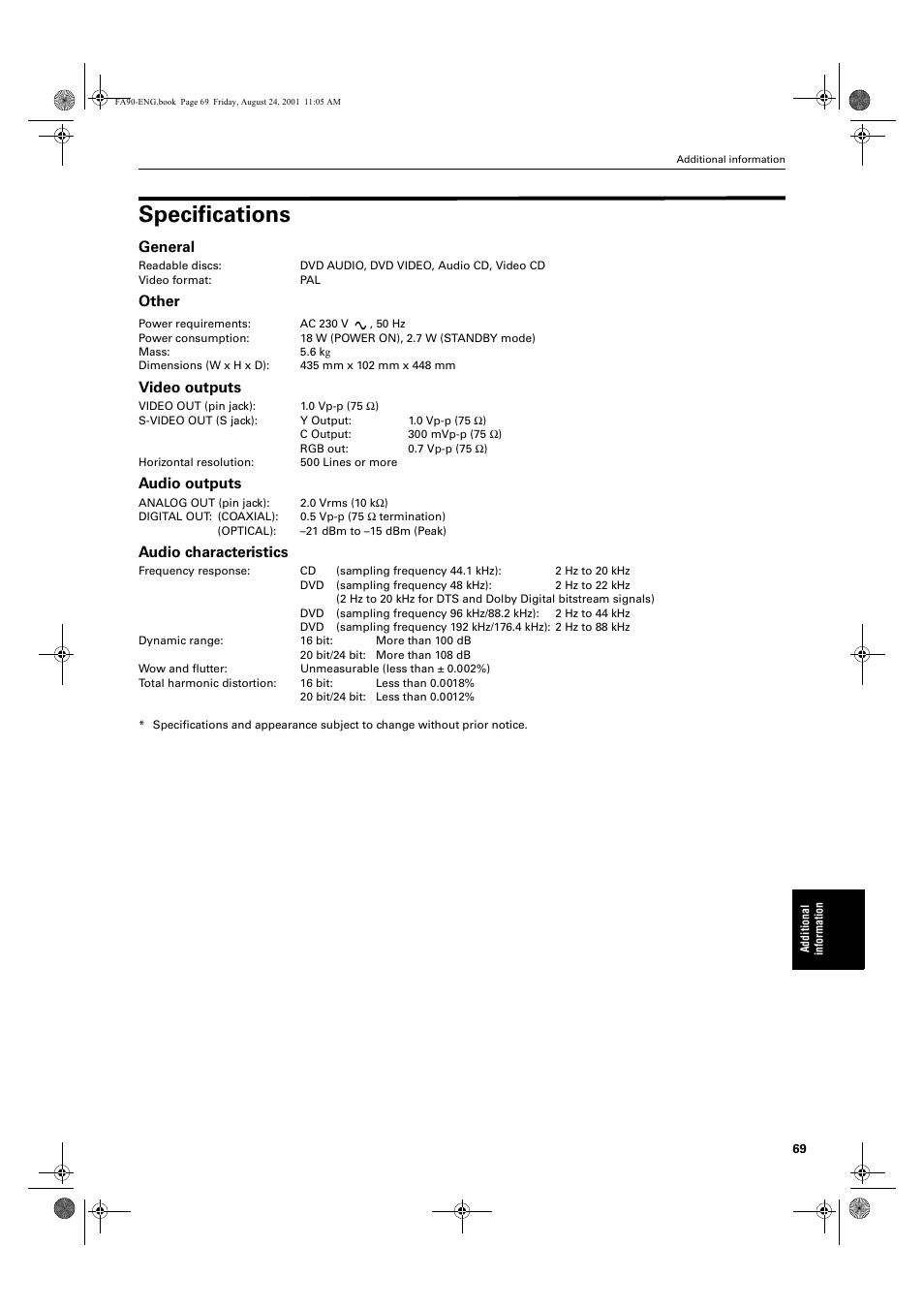 Specifications, General, Other | Video outputs, Audio outputs, Audio characteristics | JVC XV-FA92SL User Manual | Page 71 / 74