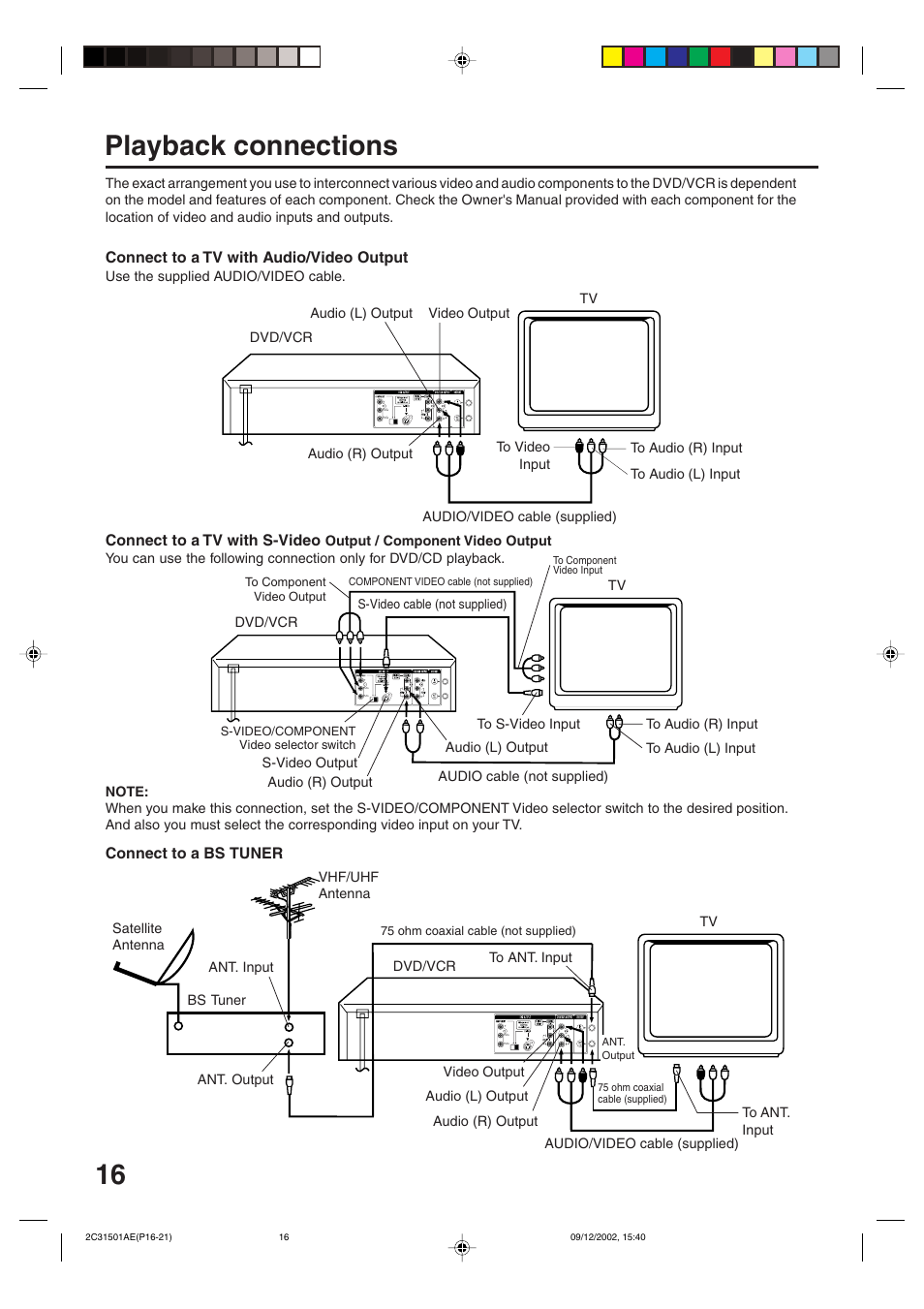 Playback connections, Connect to a tv with audio/video output, Connect to a tv with s-video | Connect to a bs tuner | JVC HR-XVC15U User Manual | Page 16 / 64