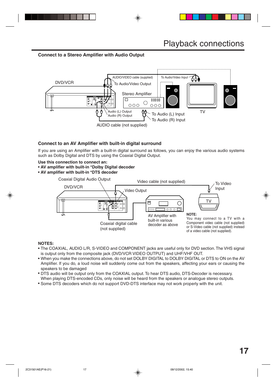 Playback connections, Connect to a stereo amplifier with audio output | JVC HR-XVC15U User Manual | Page 17 / 64