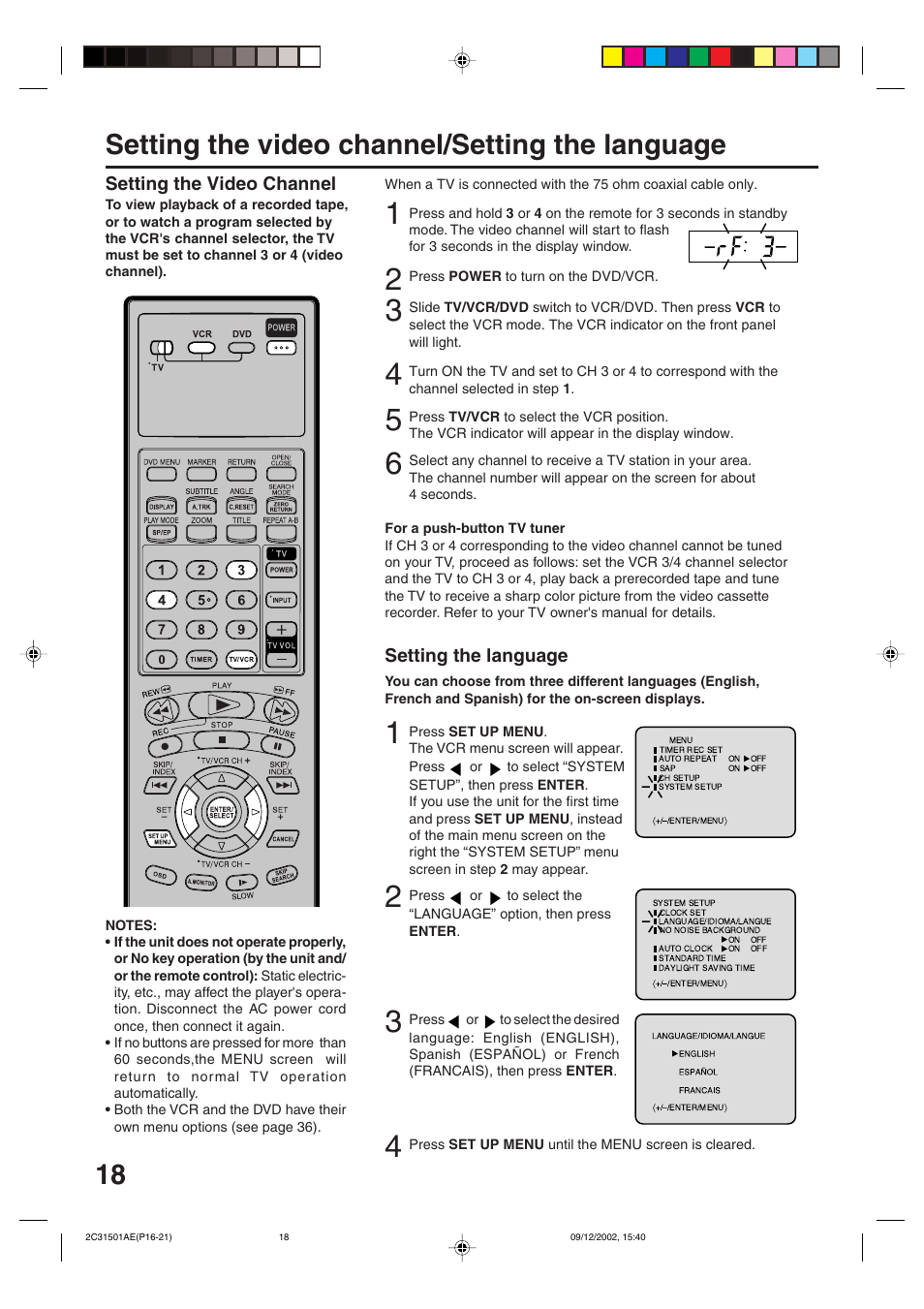 Setting up the vcr section, 18 setting the video channel/setting the language, Setting the video channel setting the language | JVC HR-XVC15U User Manual | Page 18 / 64