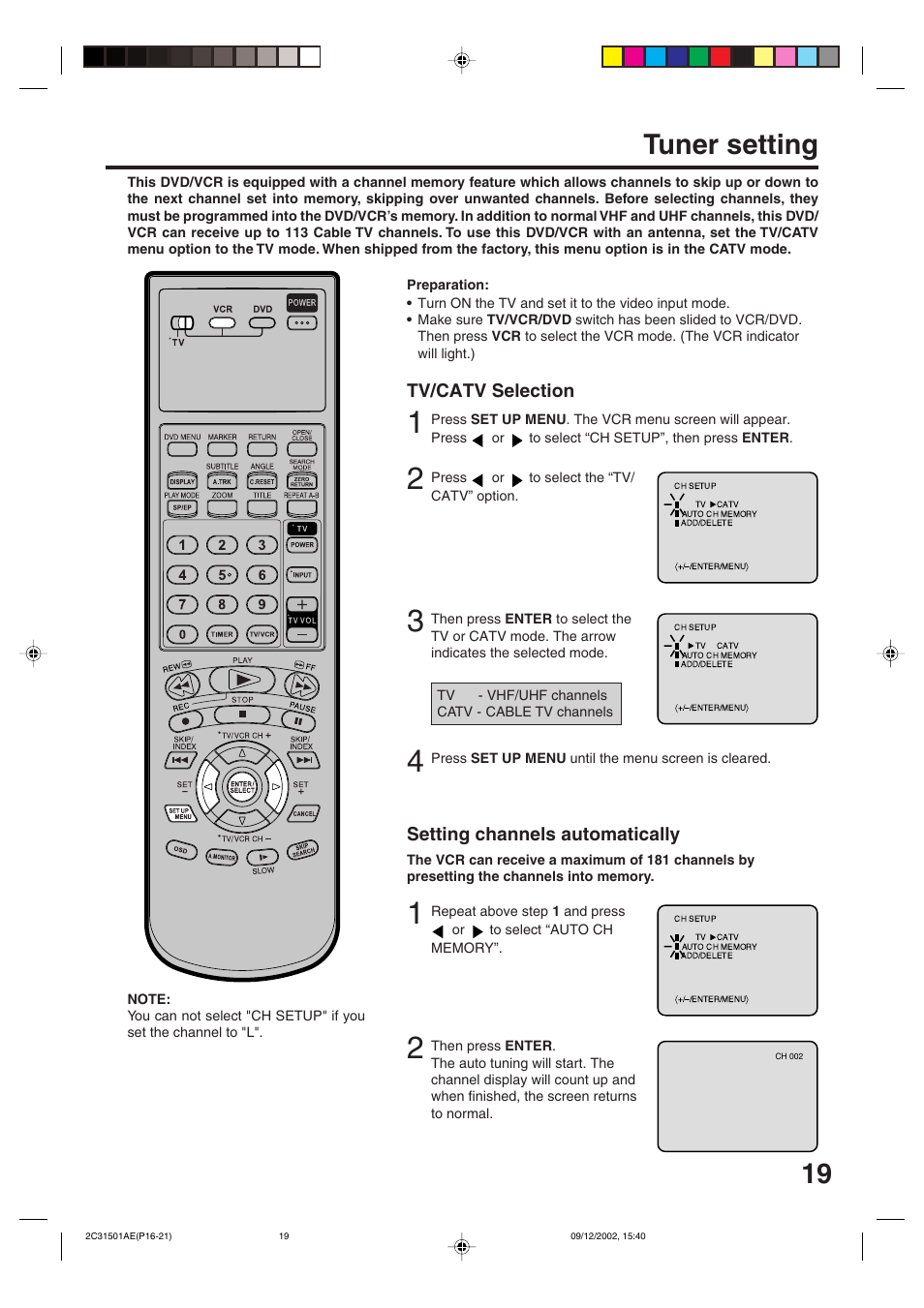 Tuner setting, Setting channels automatically, Tv/catv selection | JVC HR-XVC15U User Manual | Page 19 / 64