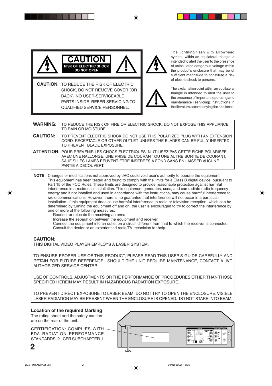 Before using your unit, Caution, Location of the required marking | Warning, Attention | JVC HR-XVC15U User Manual | Page 2 / 64
