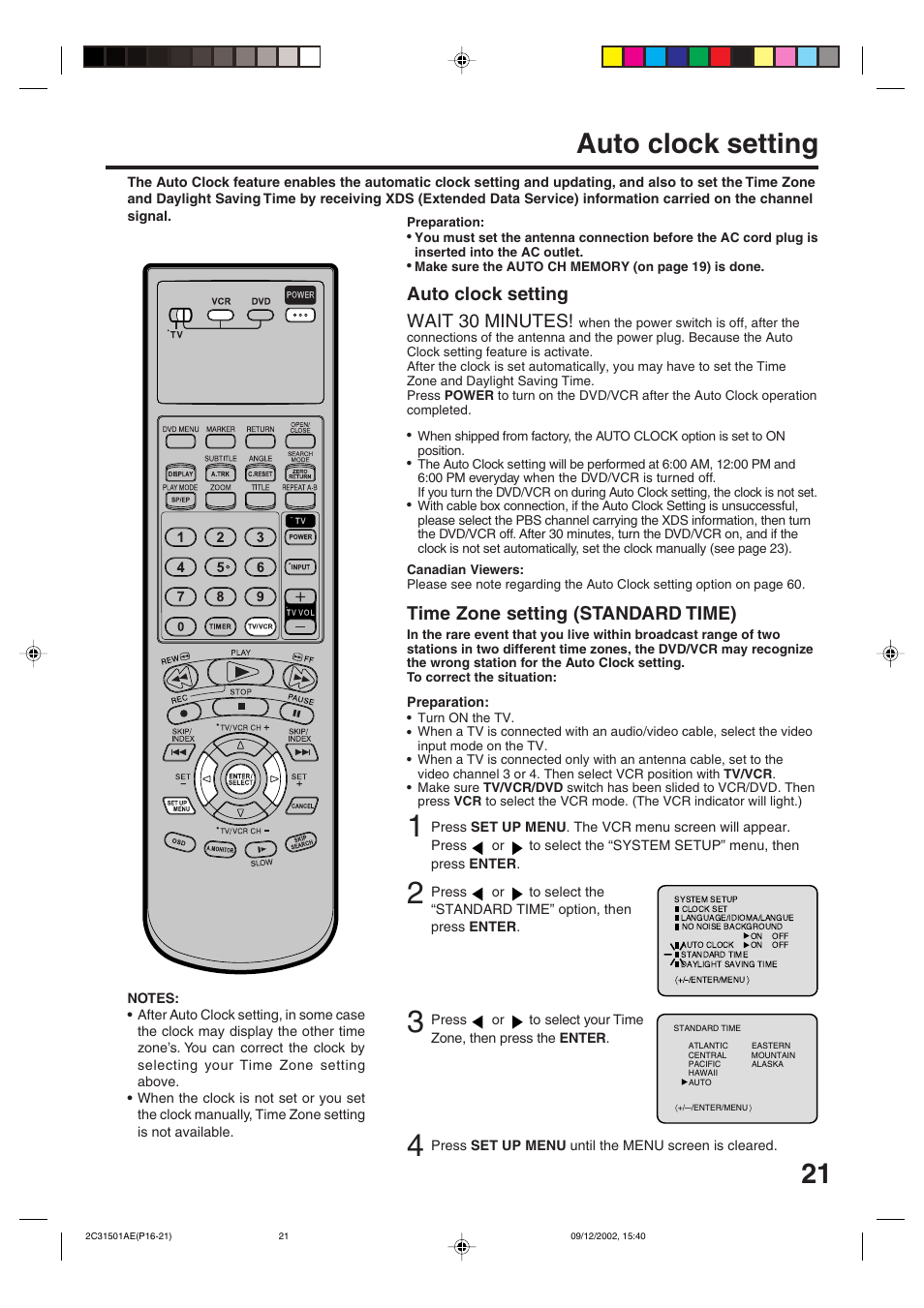 21 auto clock setting, Auto clock setting wait 30 minutes, Time zone setting (standard time) | JVC HR-XVC15U User Manual | Page 21 / 64