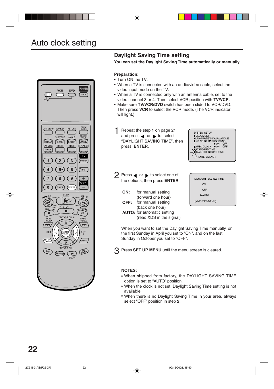 22 auto clock setting, Daylight saving time setting | JVC HR-XVC15U User Manual | Page 22 / 64