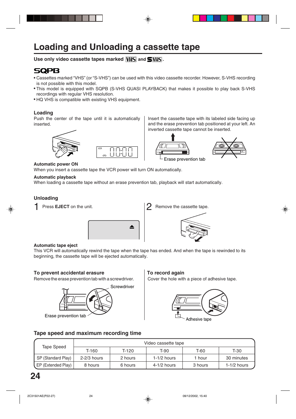 Loading and unloading a cassette tape | JVC HR-XVC15U User Manual | Page 24 / 64