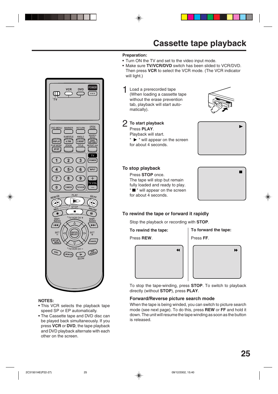 Tape playback operation, 25 cassette tape playback | JVC HR-XVC15U User Manual | Page 25 / 64