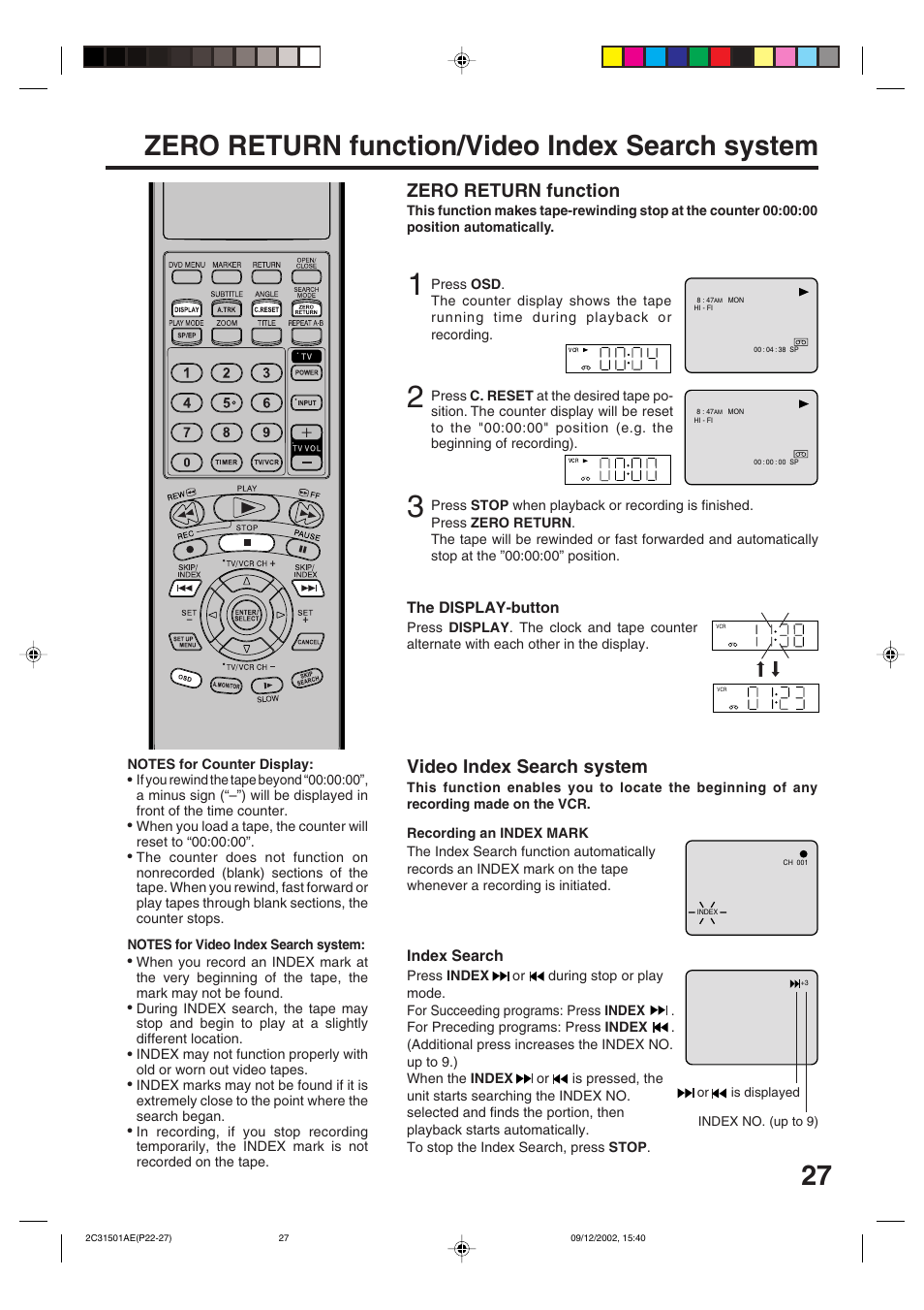 Zero return function/video index search system, Zero return function, Video index search system | JVC HR-XVC15U User Manual | Page 27 / 64