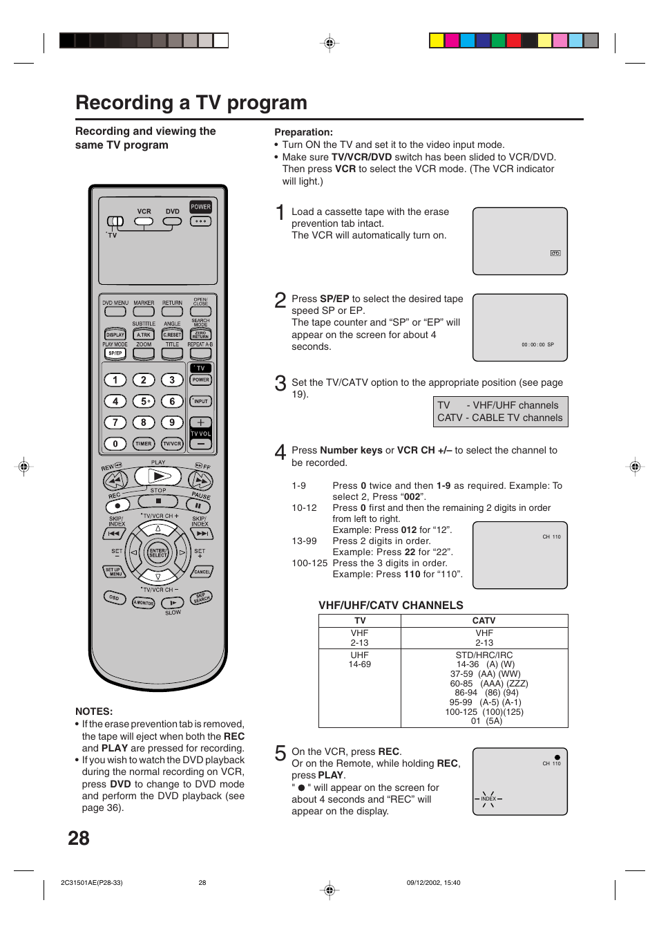 Recording, Recording a tv program | JVC HR-XVC15U User Manual | Page 28 / 64