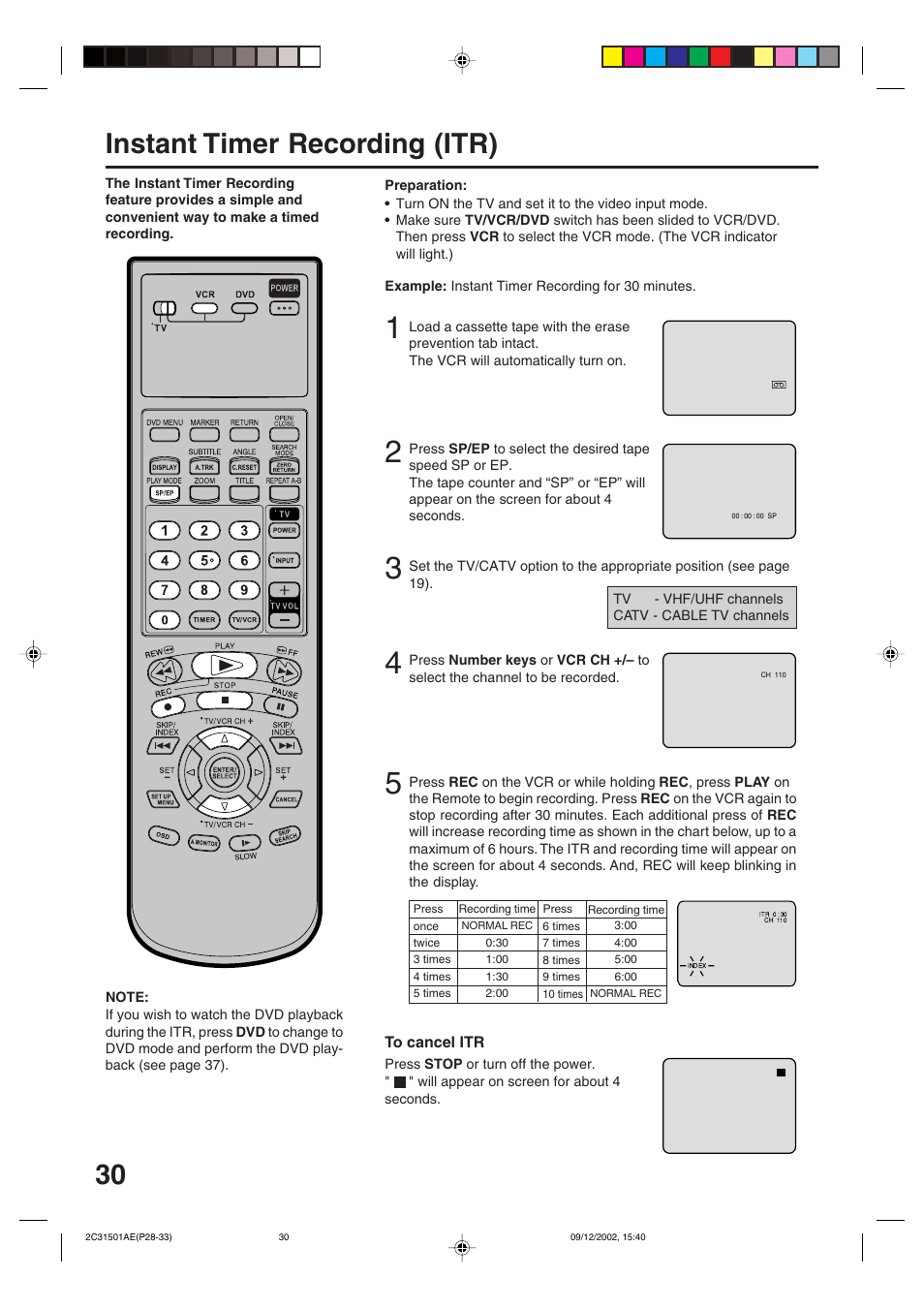 Instant timer recording (itr) | JVC HR-XVC15U User Manual | Page 30 / 64