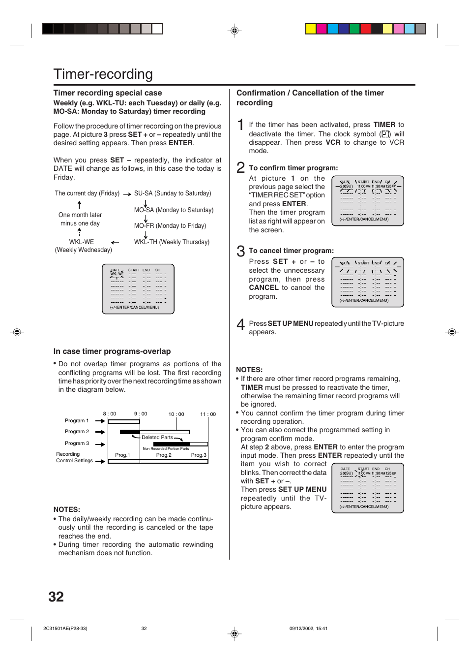 32 timer-recording, Timer recording special case, Confirmation / cancellation of the timer recording | JVC HR-XVC15U User Manual | Page 32 / 64