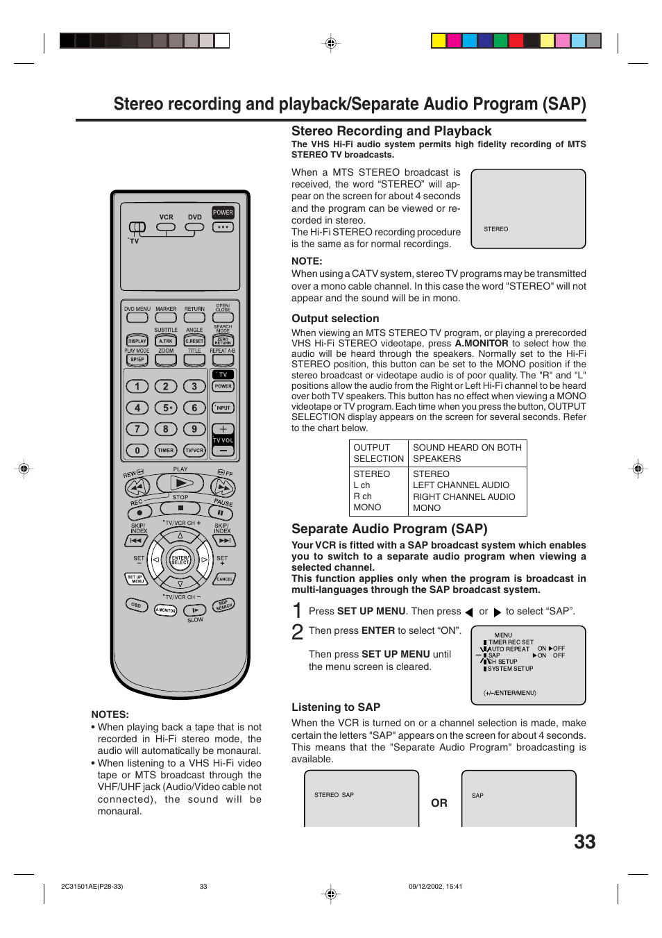 Advanced function of vcr section, Stereo recording and playback, Separate audio program (sap) | JVC HR-XVC15U User Manual | Page 33 / 64