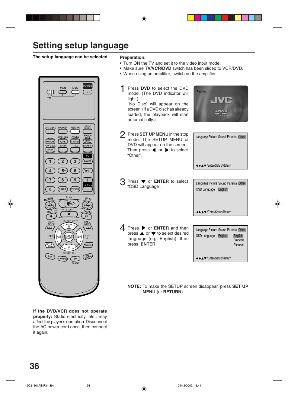 Setting setup language | JVC HR-XVC15U User Manual | Page 36 / 64