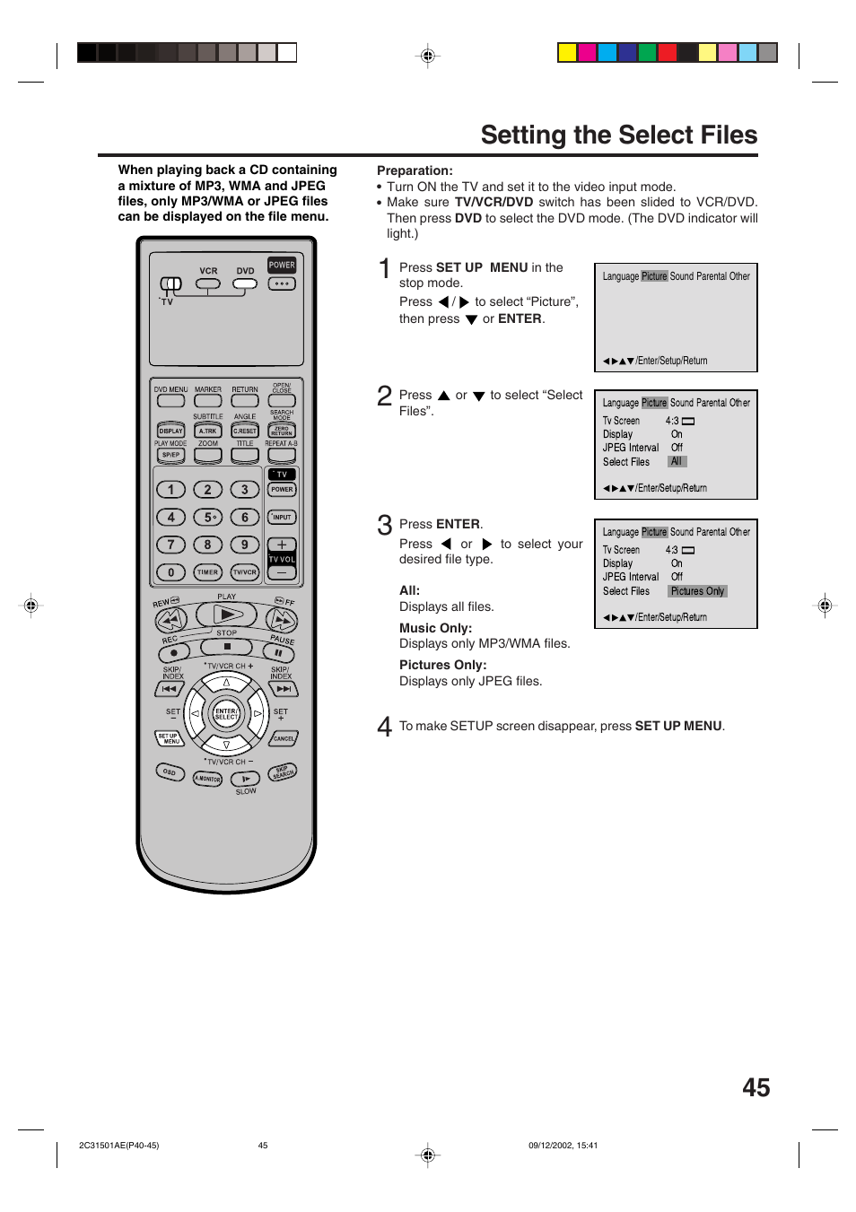 Setting the select files | JVC HR-XVC15U User Manual | Page 45 / 64