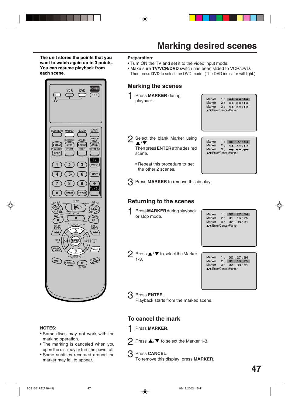 47 marking desired scenes, Marking the scenes, Returning to the scenes | JVC HR-XVC15U User Manual | Page 47 / 64