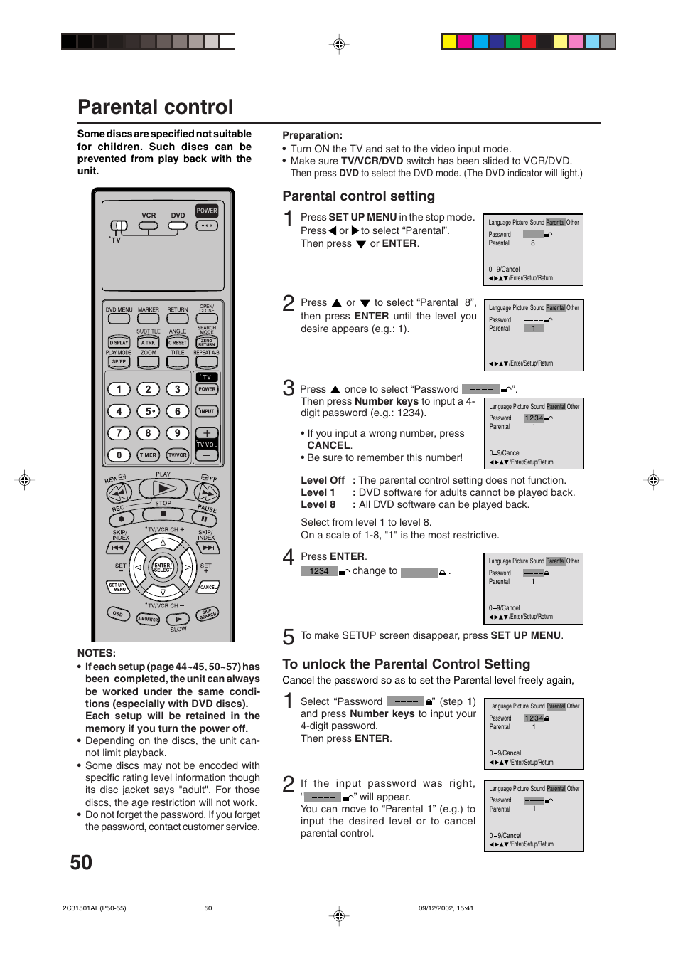Advanced function of dvd section, 50 parental control, Parental control setting | JVC HR-XVC15U User Manual | Page 50 / 64