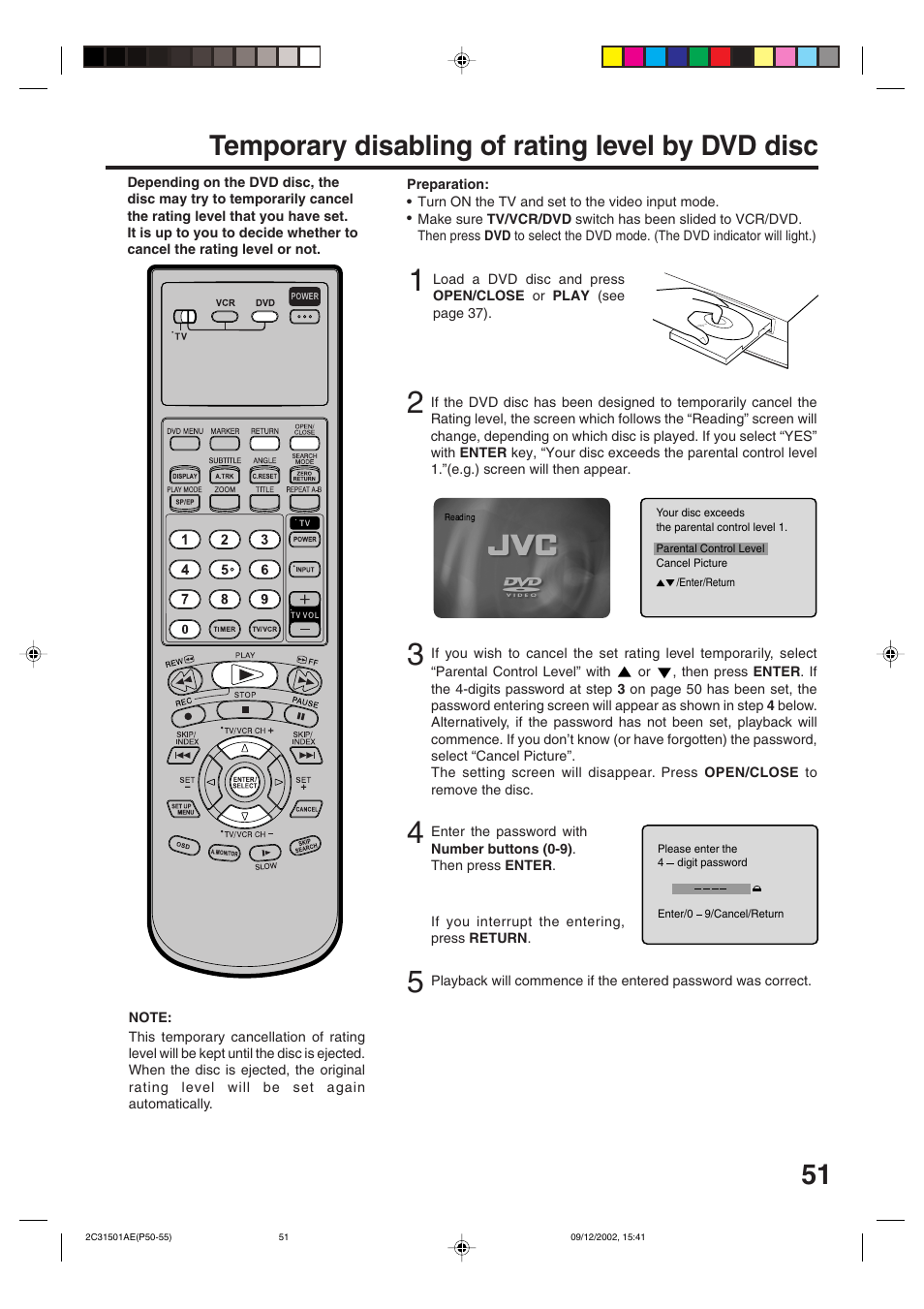 51 temporary disabling of rating level by dvd disc | JVC HR-XVC15U User Manual | Page 51 / 64