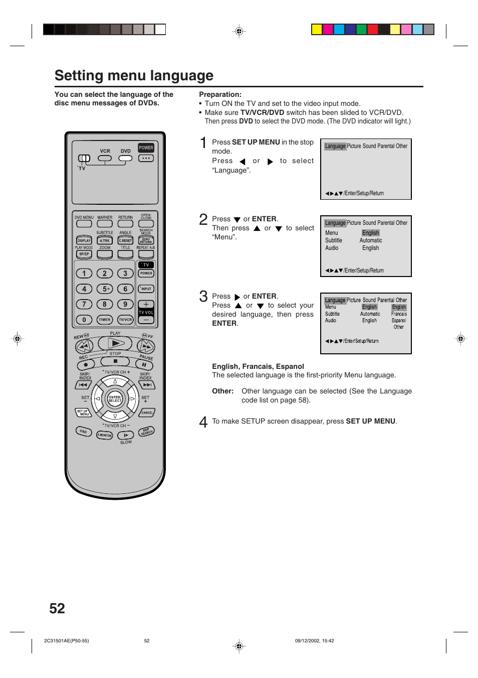 Setting menu language | JVC HR-XVC15U User Manual | Page 52 / 64