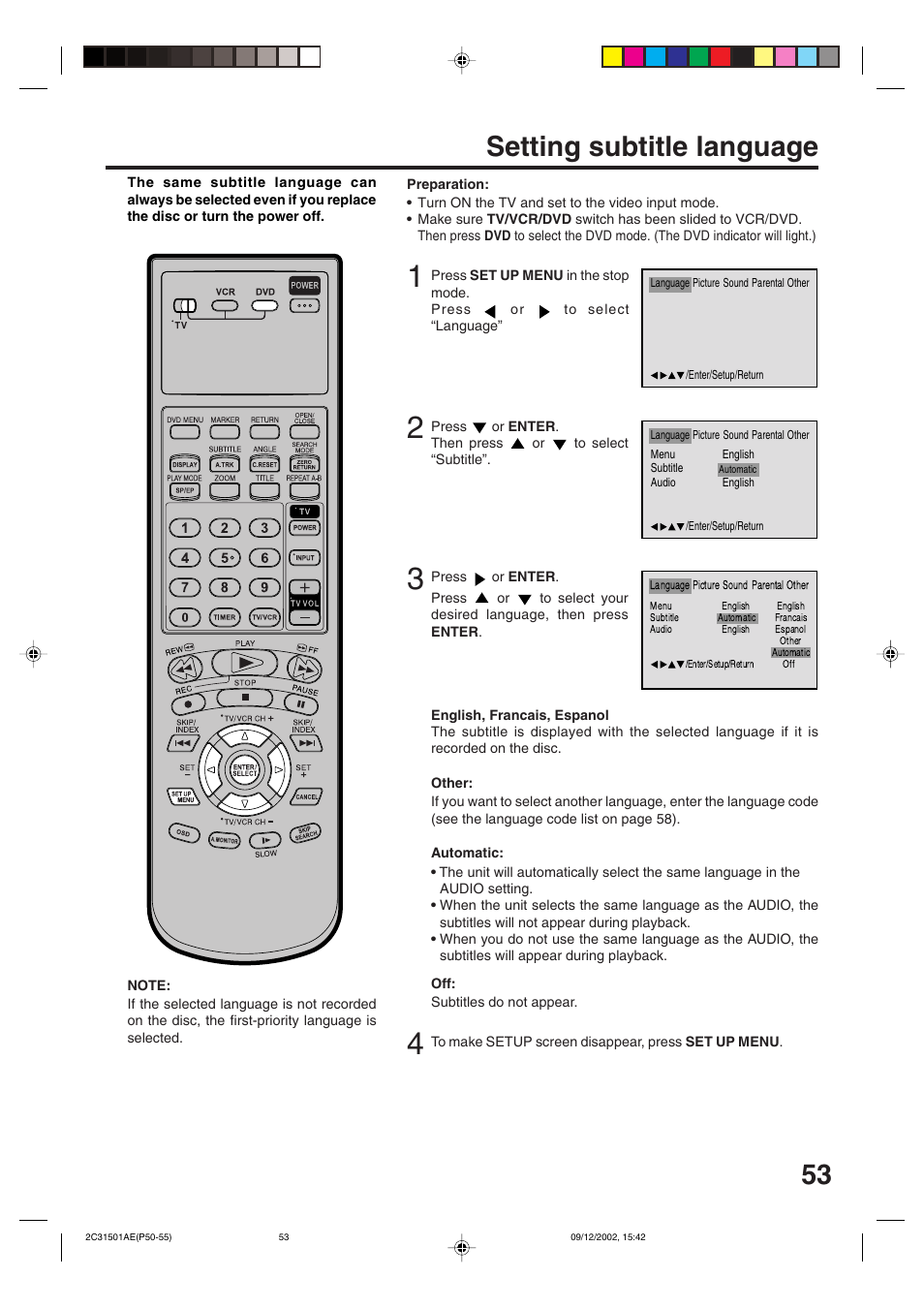Setting subtitle language | JVC HR-XVC15U User Manual | Page 53 / 64
