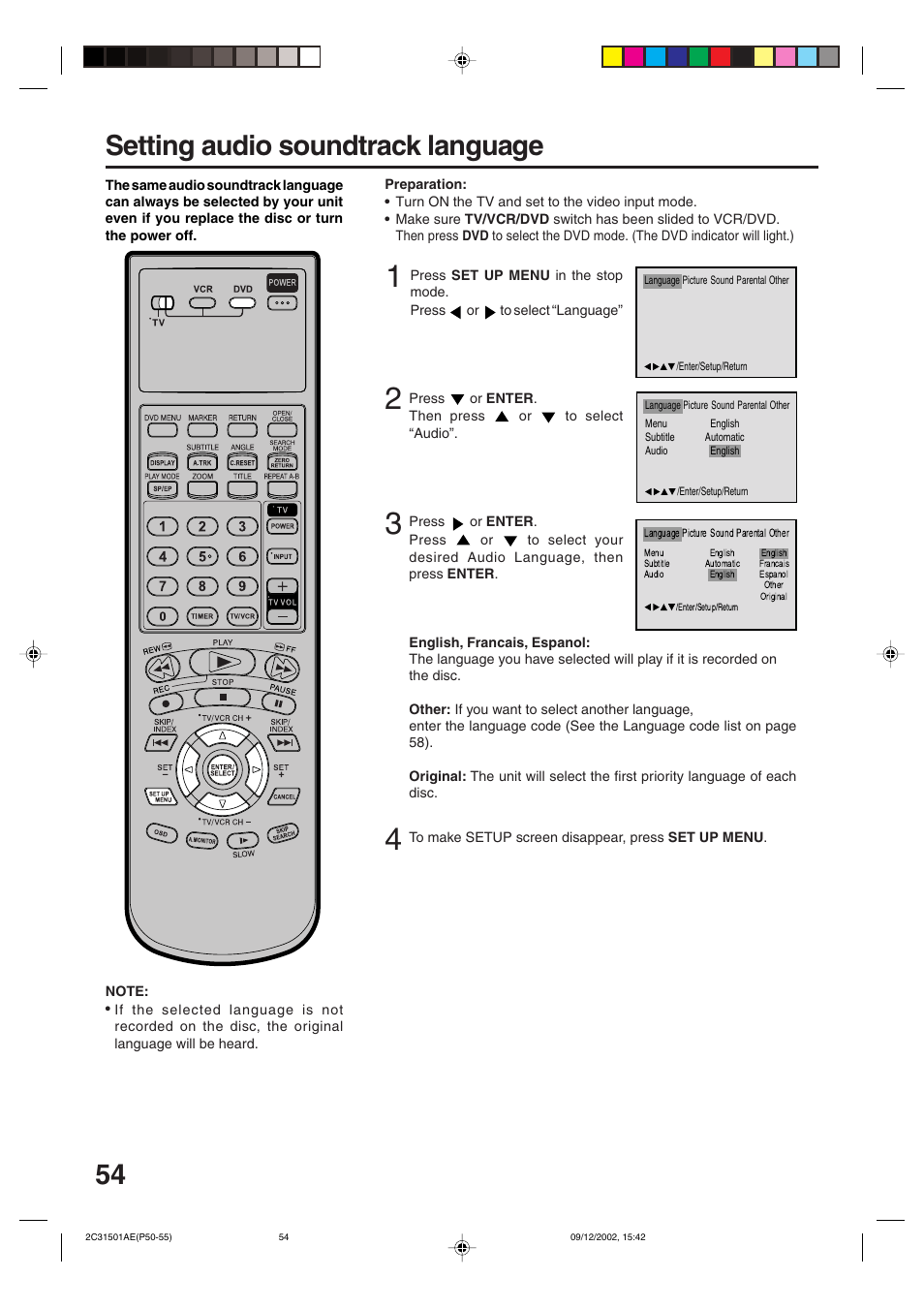 Setting audio soundtrack language | JVC HR-XVC15U User Manual | Page 54 / 64