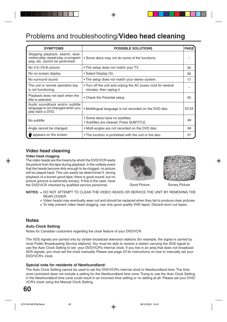 Problems and troubleshooting/ video head cleaning, Video head cleaning | JVC HR-XVC15U User Manual | Page 60 / 64