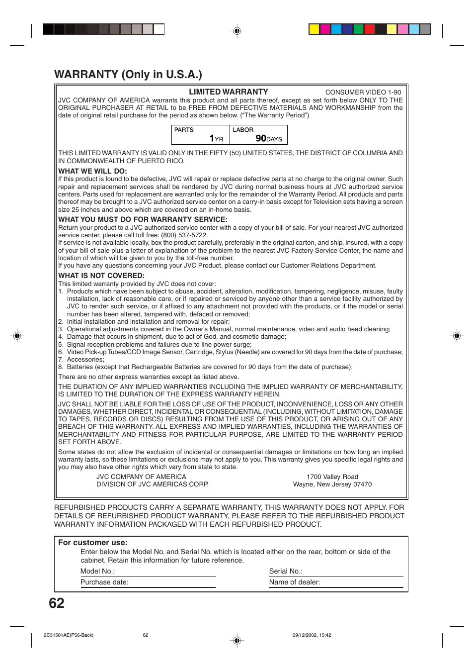 Warranty (only in u.s.a.) | JVC HR-XVC15U User Manual | Page 62 / 64