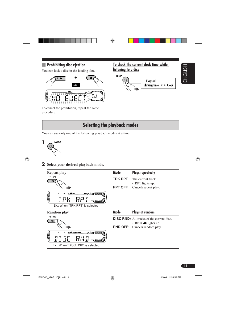 Selecting the playback modes, English, Prohibiting disc ejection | JVC 1004DTSMDTJEIN User Manual | Page 11 / 56